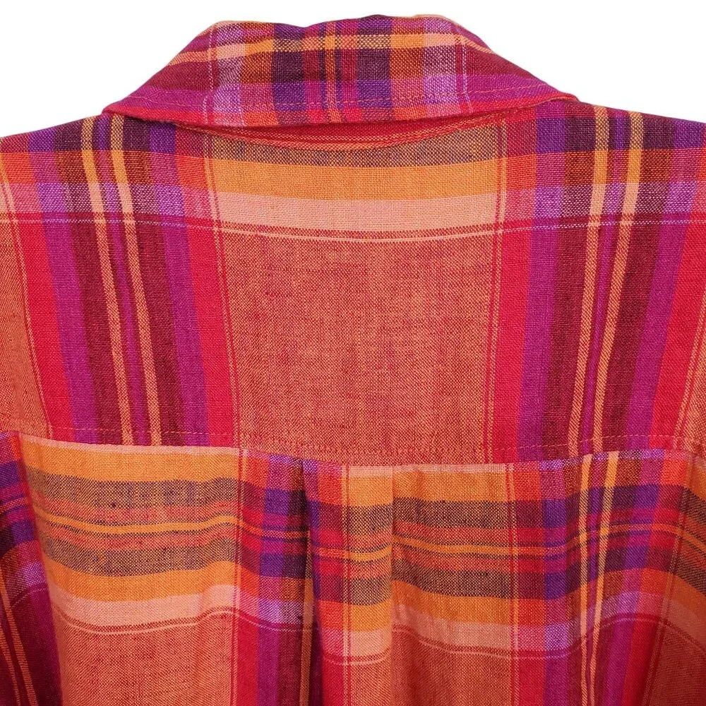 Chicos Design 3 Size XL Shirt Abalone Shell Button Plaid 100% Linen Relaxed Boho - Picture 8 of 11